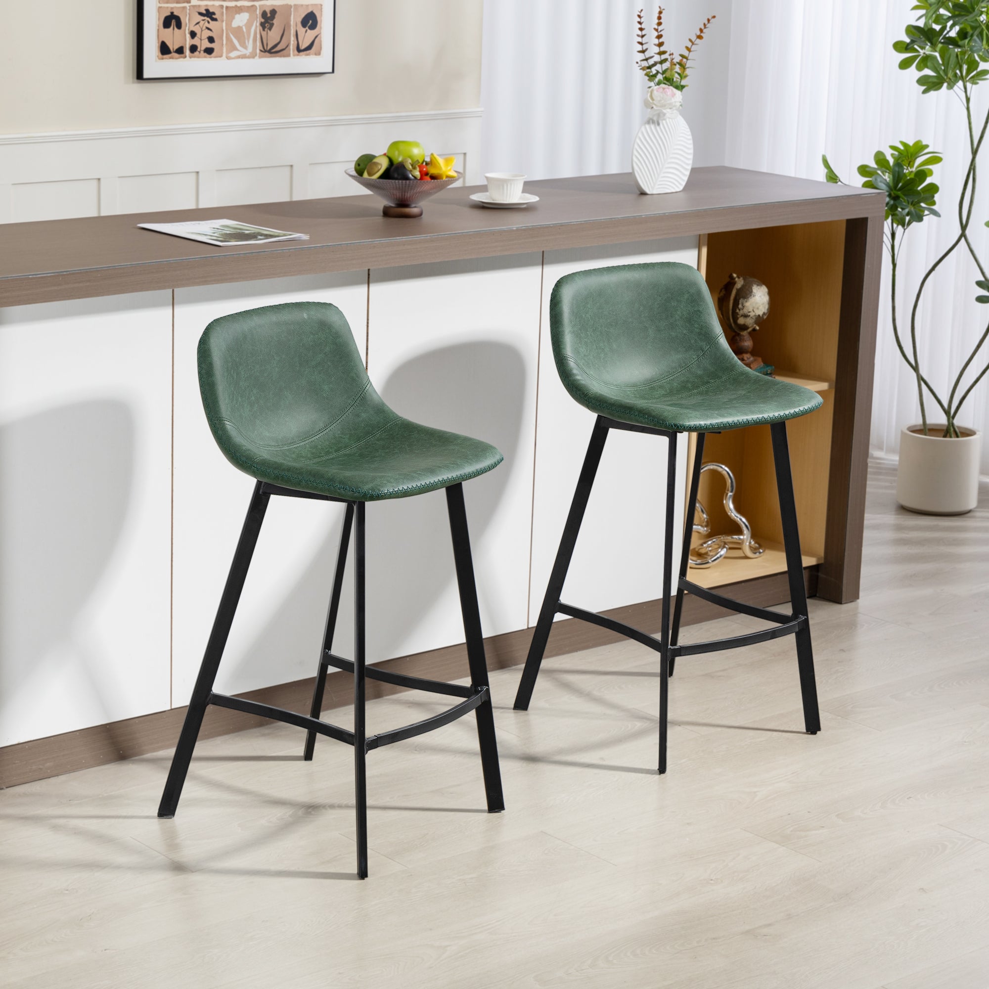 HOMCOM Bar Stools Set of 2, PU Leather Dining Stools with Backrest, Footrest, for Kitchen, Counter, Breakfast Bar, Green 