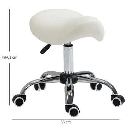 HOMCOM Cosmetic Stool 360\'c2\'b0 Rotate Height Adjustable Salon Massage Spa Chair Hydraulic Rolling Faux Leather Saddle Stool, Cream