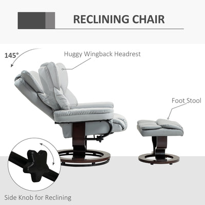 HOMCOM Faux Leather Recliner Chair and Footstool, Swivel Upholstered Armchair and Footstool with Adjustable Backrest, Solid Wood Base for Living Room, Light Grey 