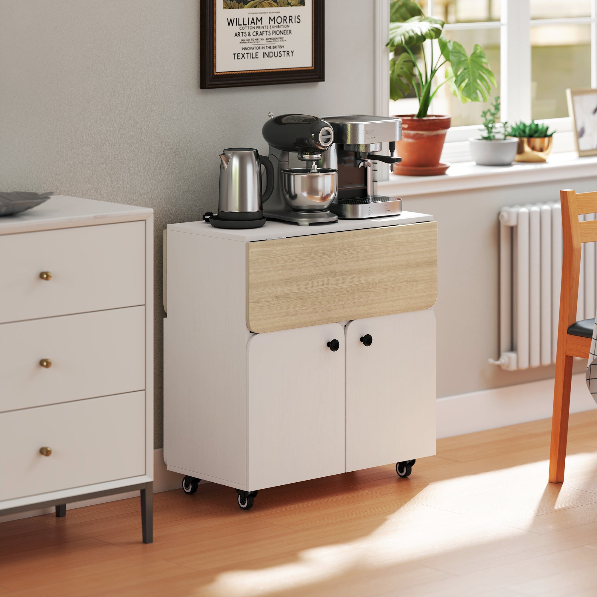 HOMCOM Folding Dining Table, Rolling Drop Leaf Table with Hidden Shelf & Cabinet for Dining Room, Small Spaces, White 