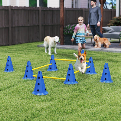 PawHut Dog Agility Equipment Set of Eight Cones, Eight Poles w/ Carry Bag, Four-Piece Adjustable Height Jumping Obstacles Blue 