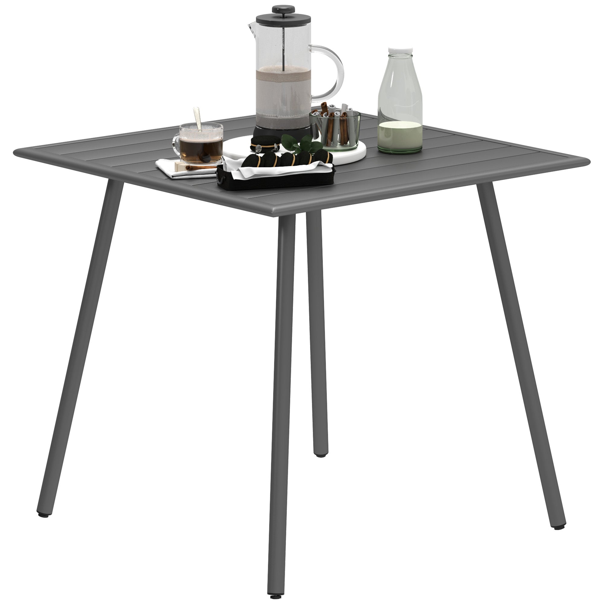 Outsunny Square Garden Table with Slat Top, Steel Frame, Outdoor Table for 4 Person, 80 x 80 x 74 cm, Grey 