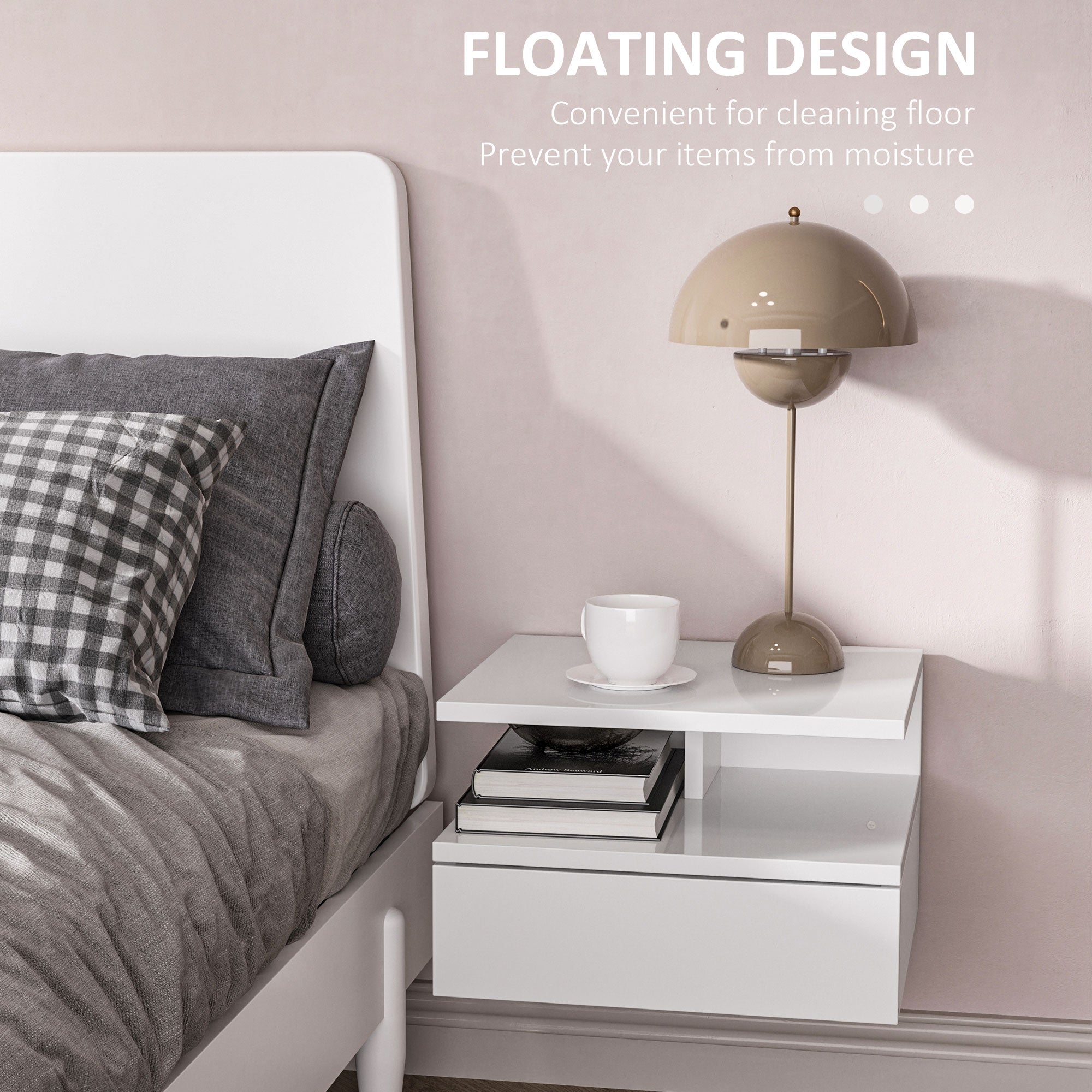 HOMCOM Set of Two Floating High Gloss Bedside Tables - White 