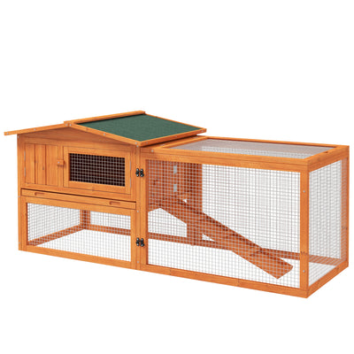 PawHut Rabbit Hutch with Run Wooden Guinea Pig Hutch Outdoor Bunny Cage Hide House with Sliding Tray, Hay Rack, Ramp, 156 x 58 x 68cm, Orange 