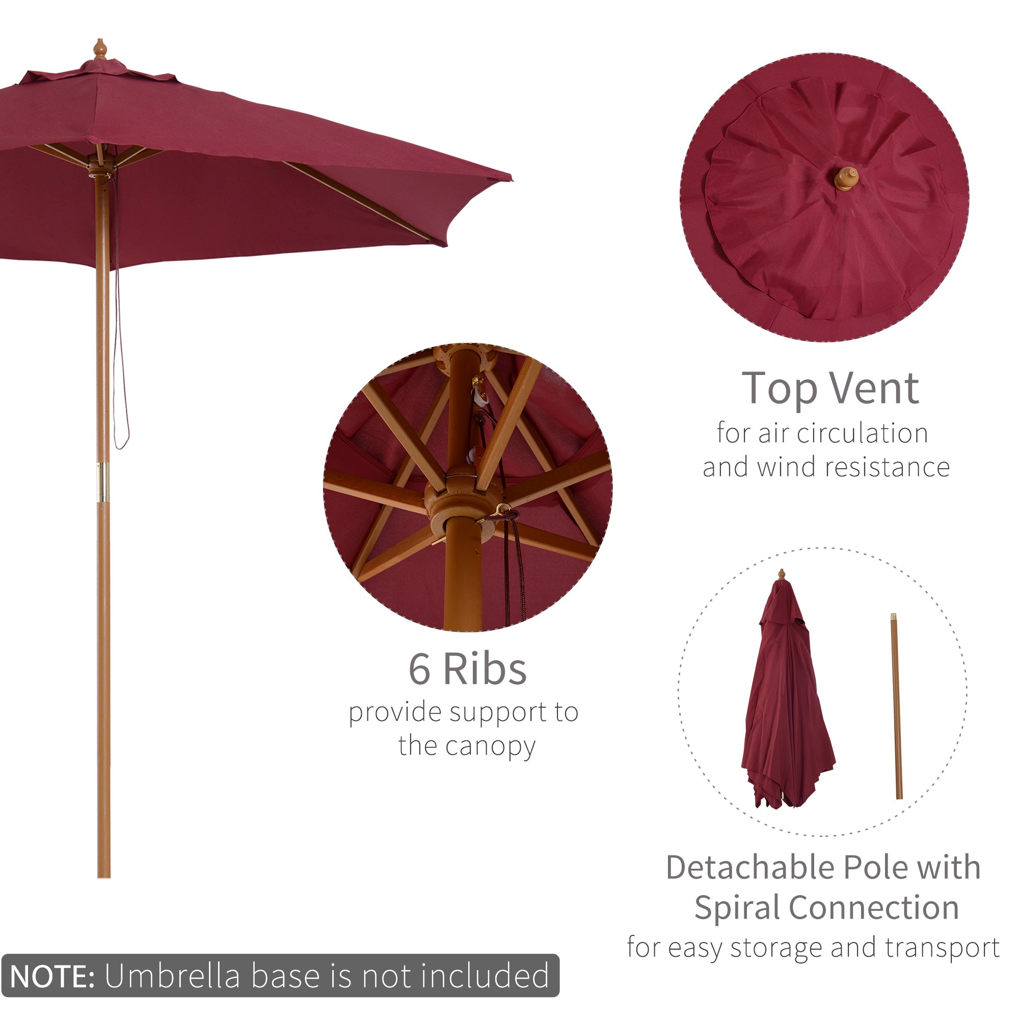 Outsunny 2.5m Wood Garden Parasol Sun Shade Patio Outdoor Wooden Umbrella Canopy Wine Red 