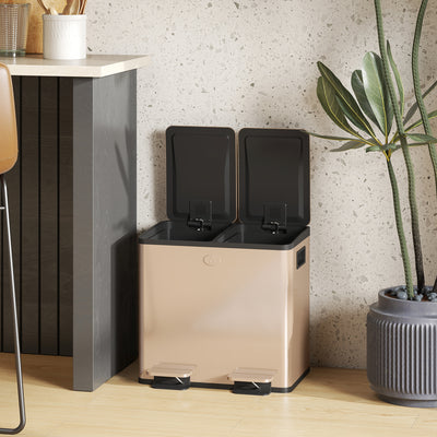 HOMCOM 30L Dual Compartment Stainless Steel Bin, with Deodoriser Holders - Gold Tone 