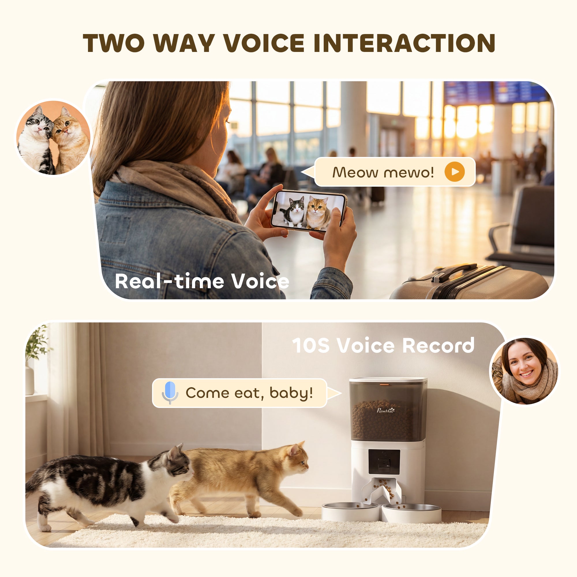 PawHut Automatic Cat Feeder for 2 Cats with HD Camera，2.4G & 5G WiFi Pet Food Dispenser 6L APP Control 