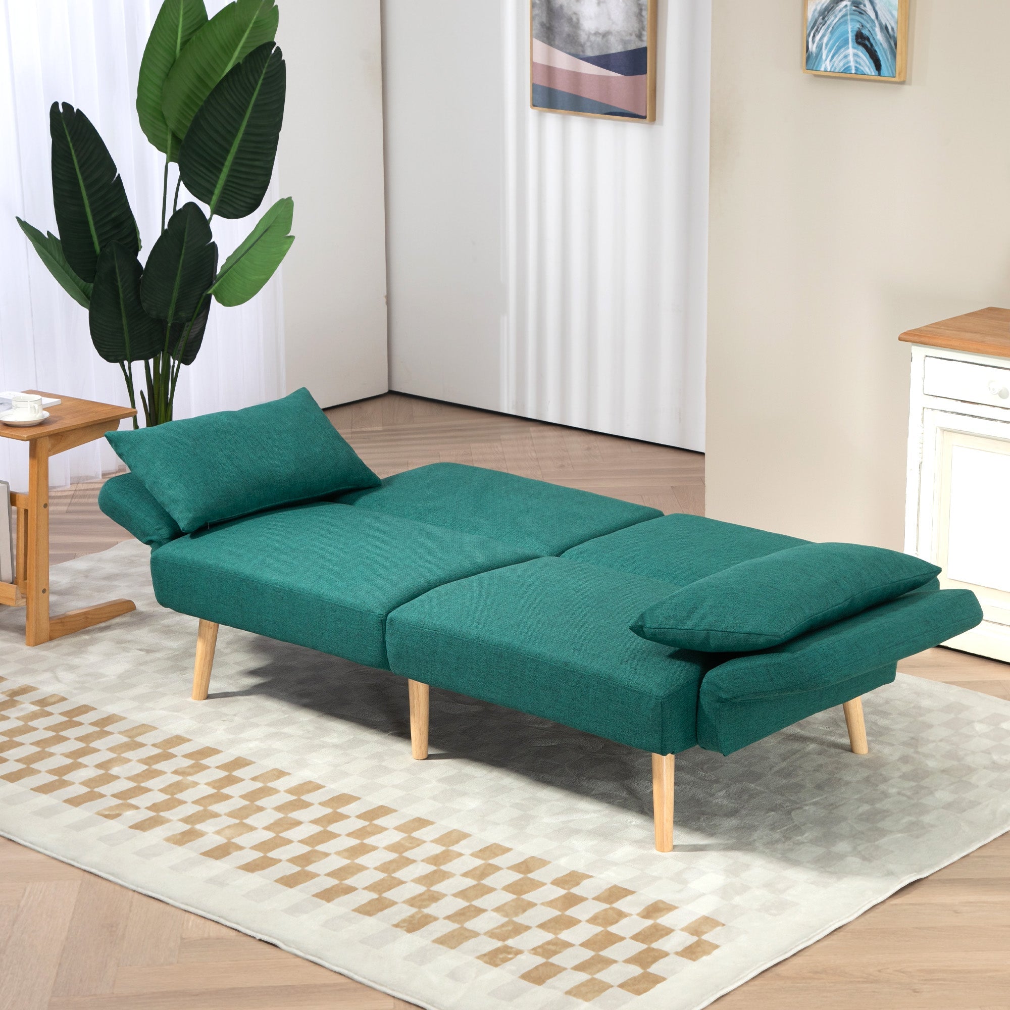 HOMCOM 2/3 Seater Sofa Bed, Convertible Bed Settee, Fabric Sofa Couch with 2 Cushions for Living Room, Guest Room, Green 