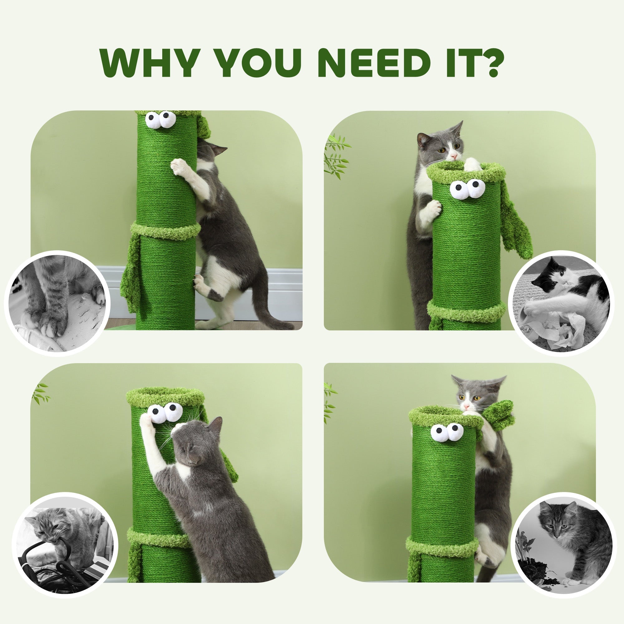 PawHut 63cm Cat Scratching Post for Indoor Cats, with Sisal Rope Cover, Large Base, Green 