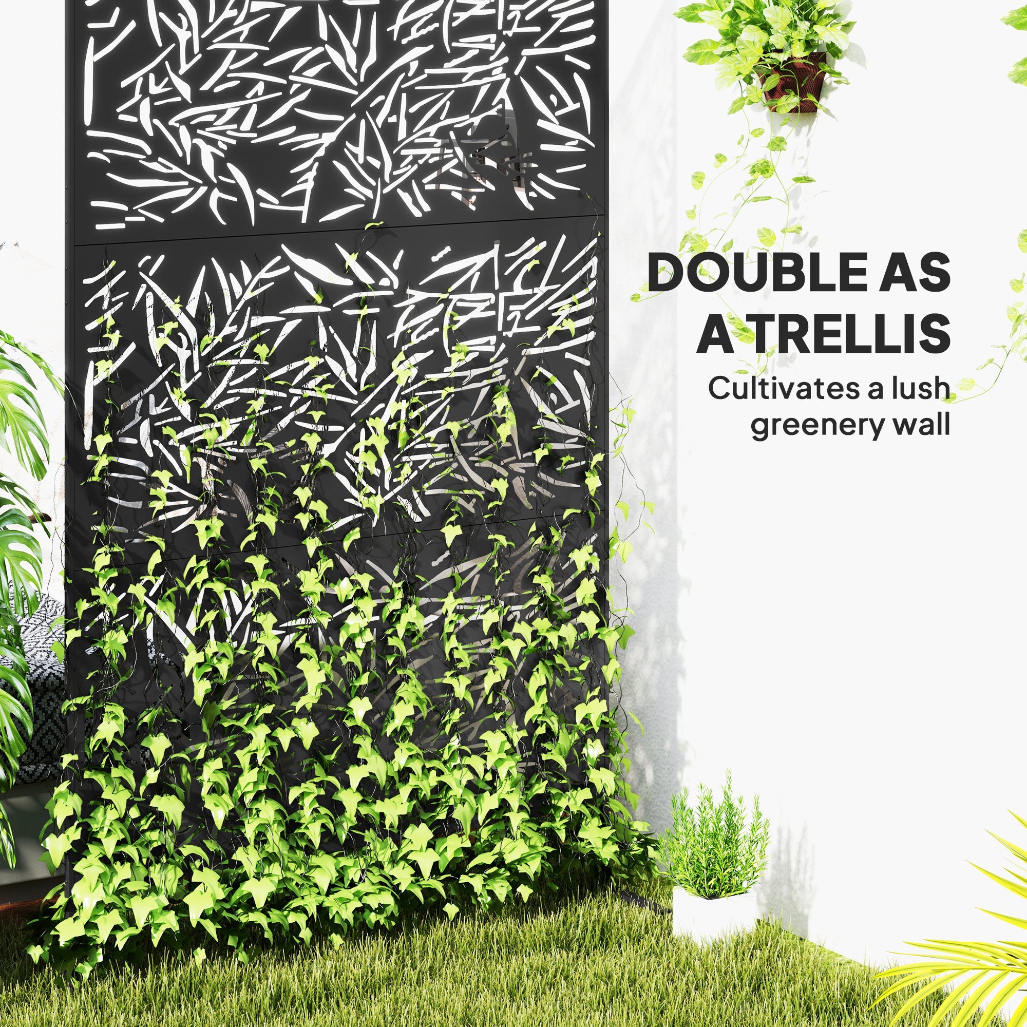 Outsunny Decorative Garden Privacy Screen with Stand, 6.5FT Freestanding Metal Outdoor Divider, Decorative Privacy Panel with Expansion Screws for Garden Pool Hot Tub, Bamboo Style, Black 