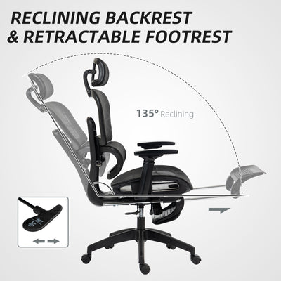HOMCOM Executive Office Chair, Ergonomic Mesh High Back Desk Chair with Lumbar Support, Reclining Function, Swivel Computer Chair with 3D Armrest, Headrest, Footrest, Black 