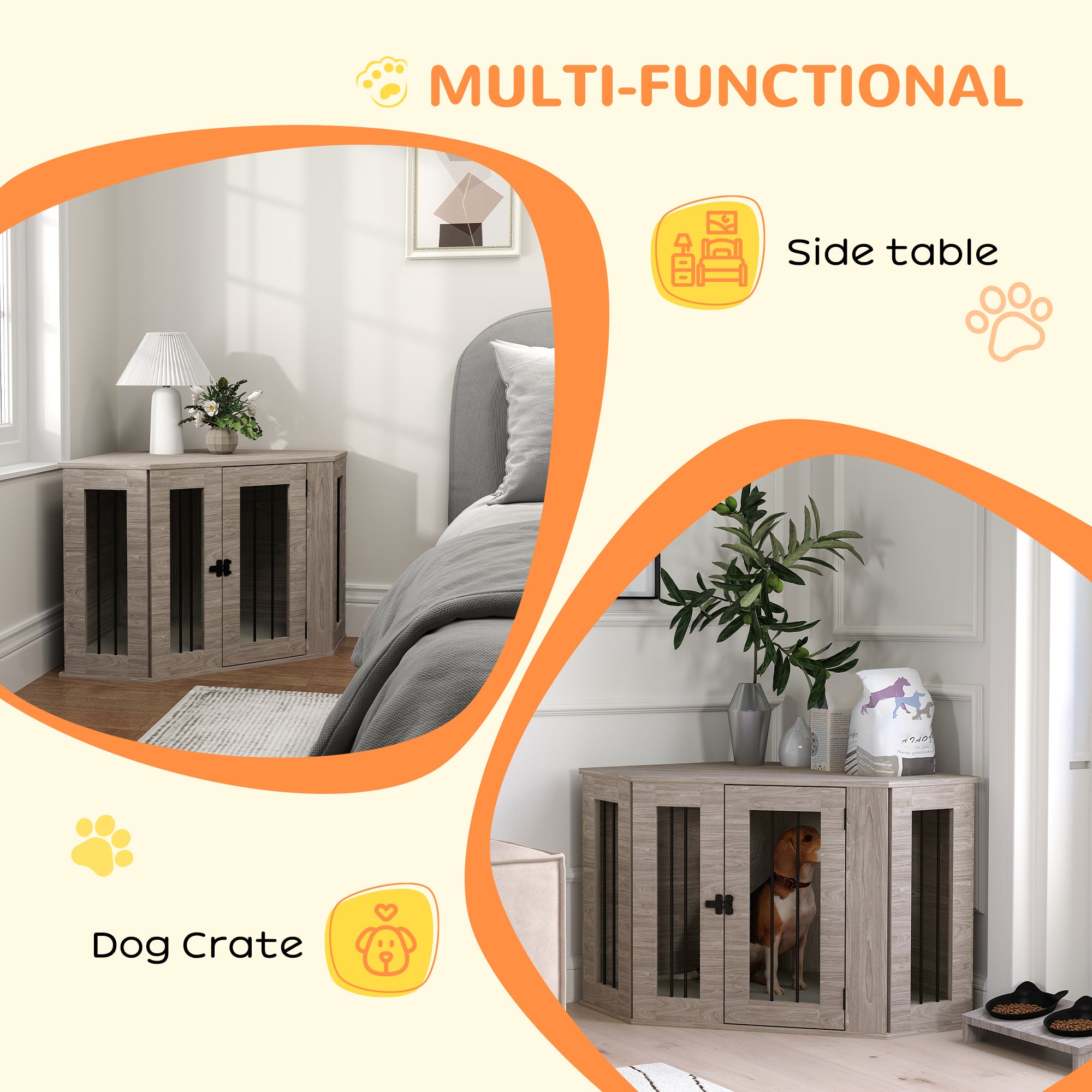 PawHut 2 in 1 Dog Crate Furniture Side Table, with Cushion, 104 x 55 x 63cm - Walnut Brown 