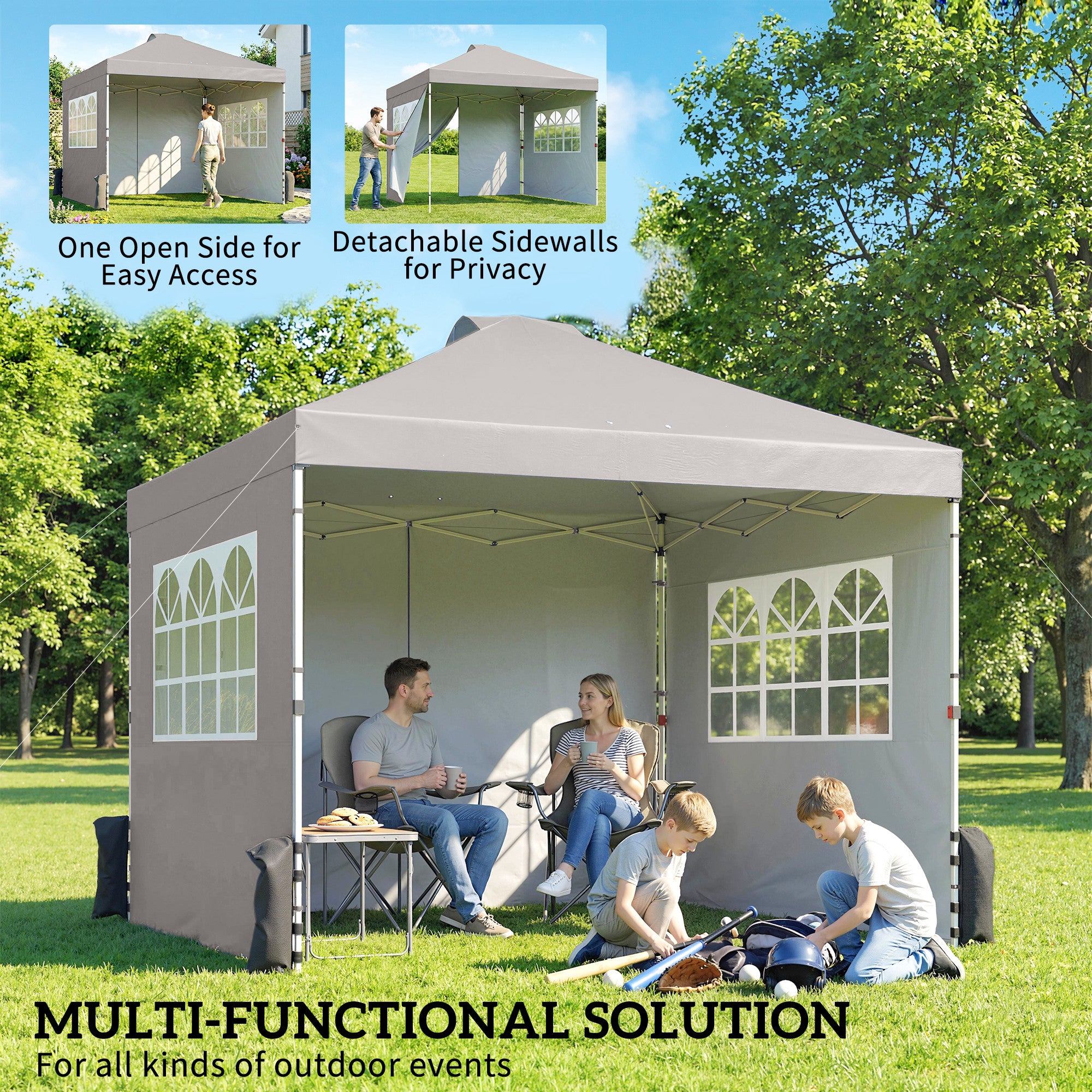 Outsunny Pop Up Gazebo Waterproof Height Adjustable Canopy with 3 Sidewalls Wheeled Bag for Parties 3 x 3 m Grey 