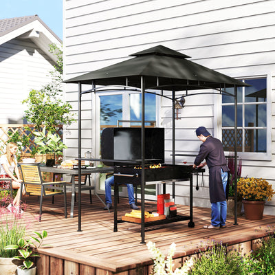 Outsunny 8' x 5' Grill Gazebo, Double Tiered BBQ Gazebo Shelter Canopy with LED Lights, 2 Side Shelves, Hooks, Dark Grey 