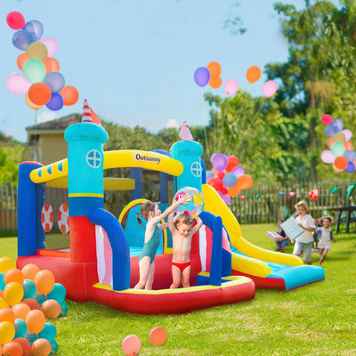 Outsunny 4 in 1 Kids Bouncy Castle Large Sailboat Style Inflatable House Slide Trampoline Water Pool Climbing Wall with Blower Carrybag for Kids Age 3-8, 2.65 x 2.6 x 2m 