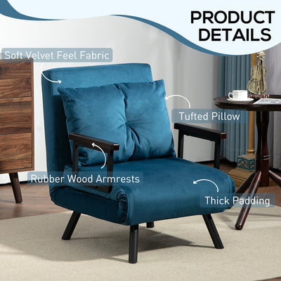 HOMCOM 4-in-1 Velvet-Feel Single Chair Bed, with Pillow - Navy Blue 