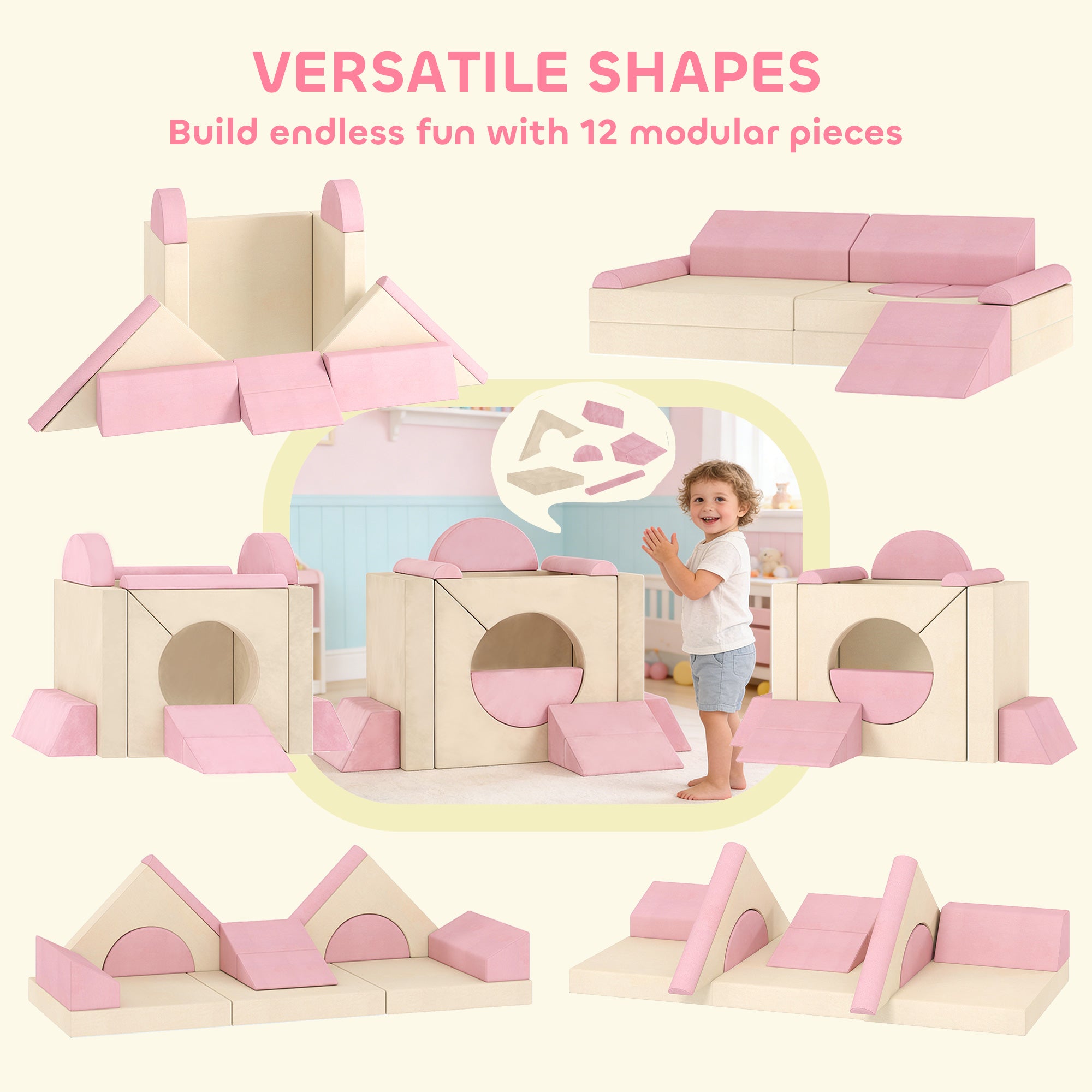 AIYAPLAY Kids Play Sofa, 12 Pieces Foam Modular Soft Play Set for Playroom, Children Convertible Sofa for Boys and Girls, Pink 