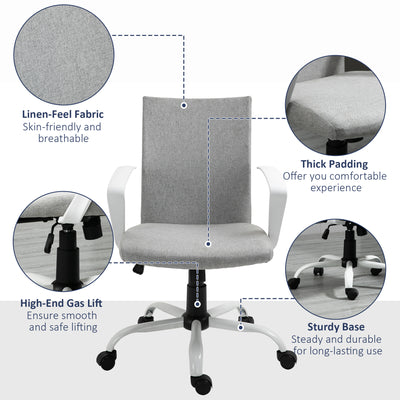 Vinsetto Office Chair Linen Swivel Computer Desk Chair Home Study Task Chair with Wheels, Arm, Adjustable Height, Light Grey 
