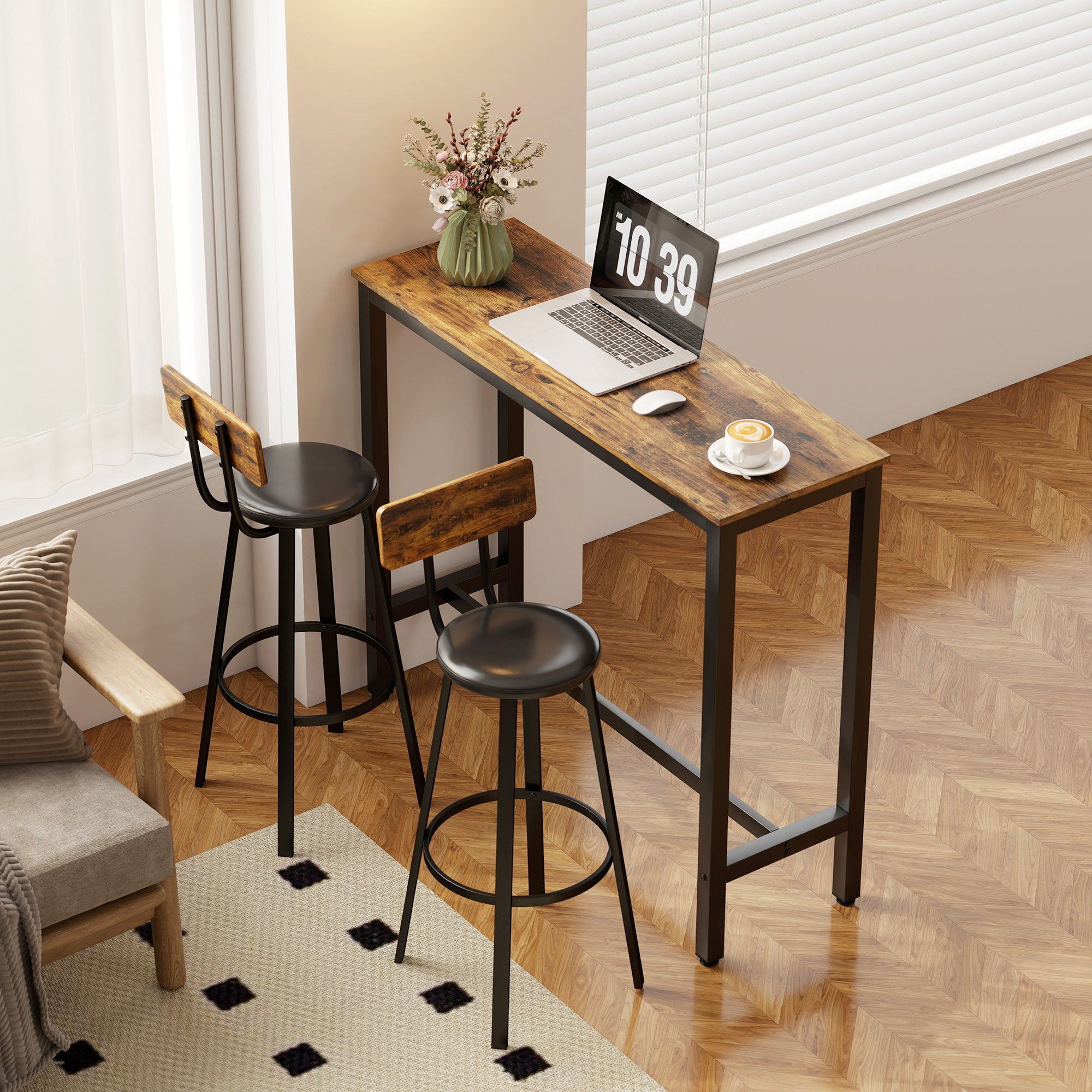 HOMCOM Set of Two Industrial-Style Bar Stools - Brown/Black 
