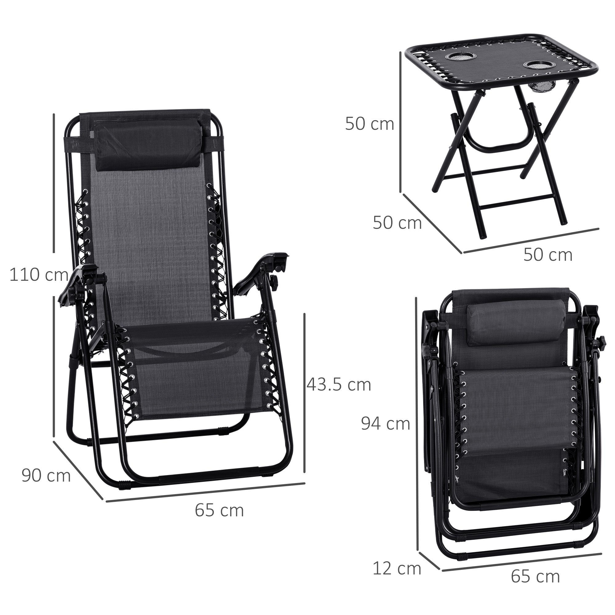 Outsunny Folding Zero Gravity Chairs, 3 Pieces Adjustable Sun Lounger and Table Set with Cup Holder and Headrest, Bistro Set with Reclining Garden Chairs for Patio, Black 
