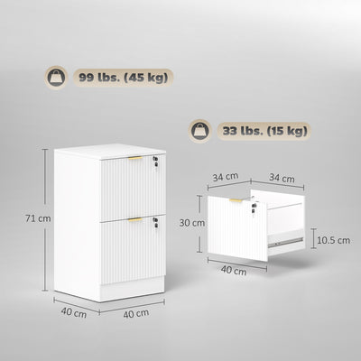 HOMCOM Filing Cabinet, Fluted Vertical File Cabinet with 2 Lockable Drawers and Hanging Rails, White 