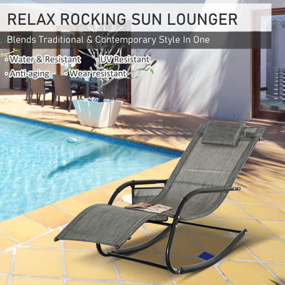 Outsunny Outdoor Garden Rocking Chair, Patio Sun Lounger Rocker Chair with Breathable Mesh Fabric, Removable Headrest Pillow, Armrest, Side Storage Bag, Dark Grey 