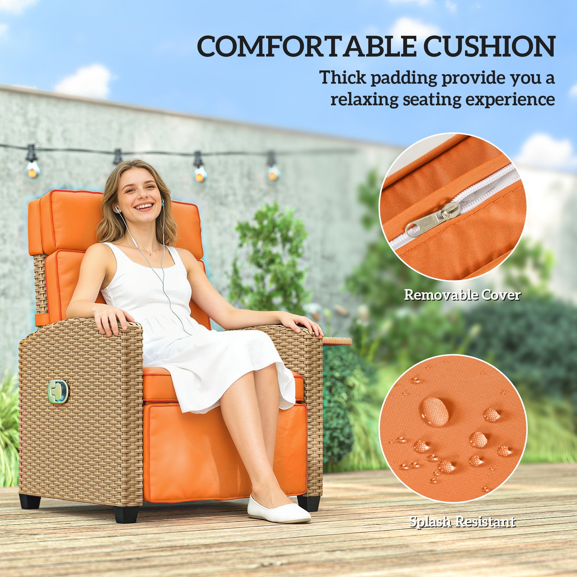 Outsunny 145° Reclining Rattan Armchair, with Footrest - Khaki/Orange 