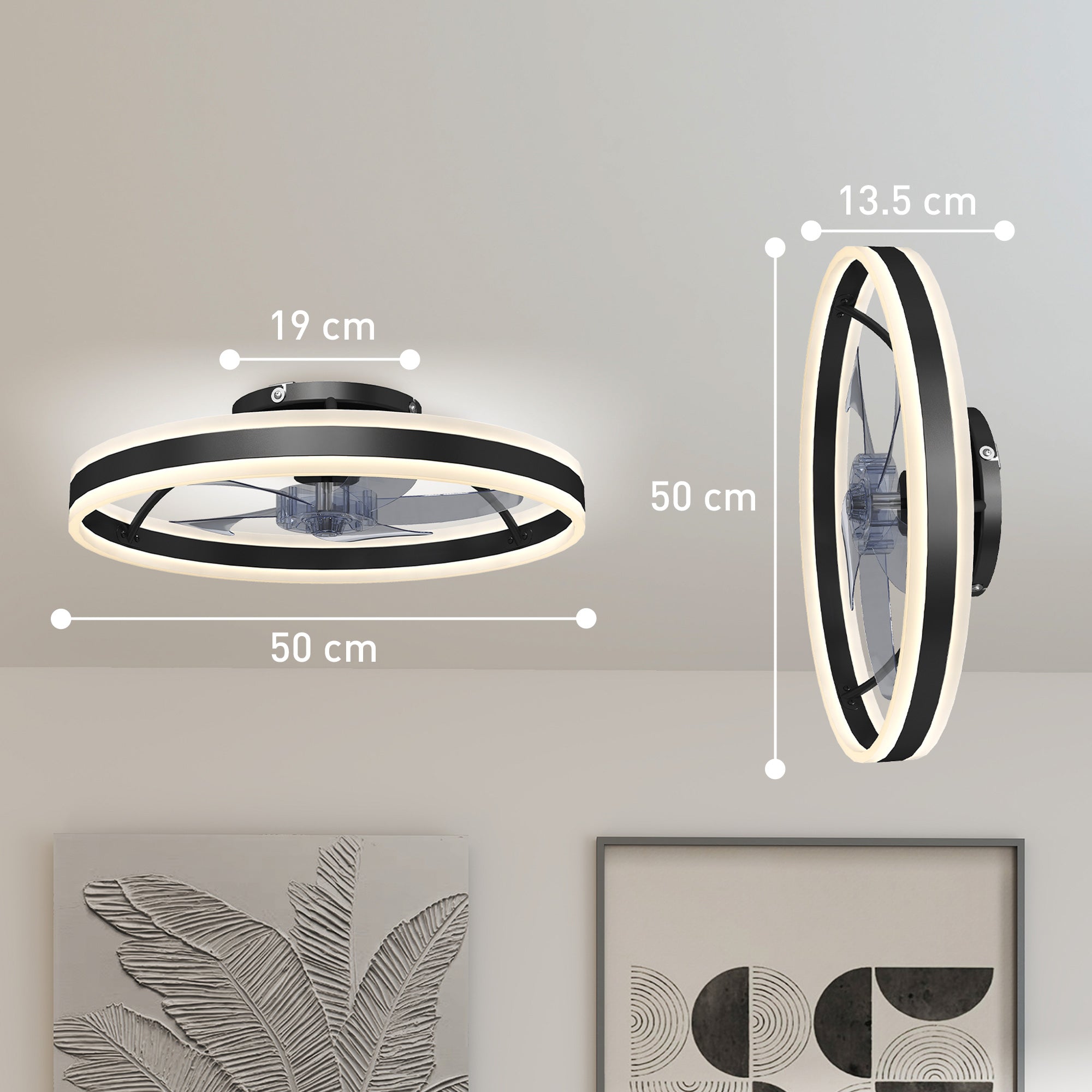 HOMCOM Ceiling Fan with Light and Remote, LED Mount Ceiling Fan with 3 Colour Temperatures, 6 Speed, 50 cm, Black 
