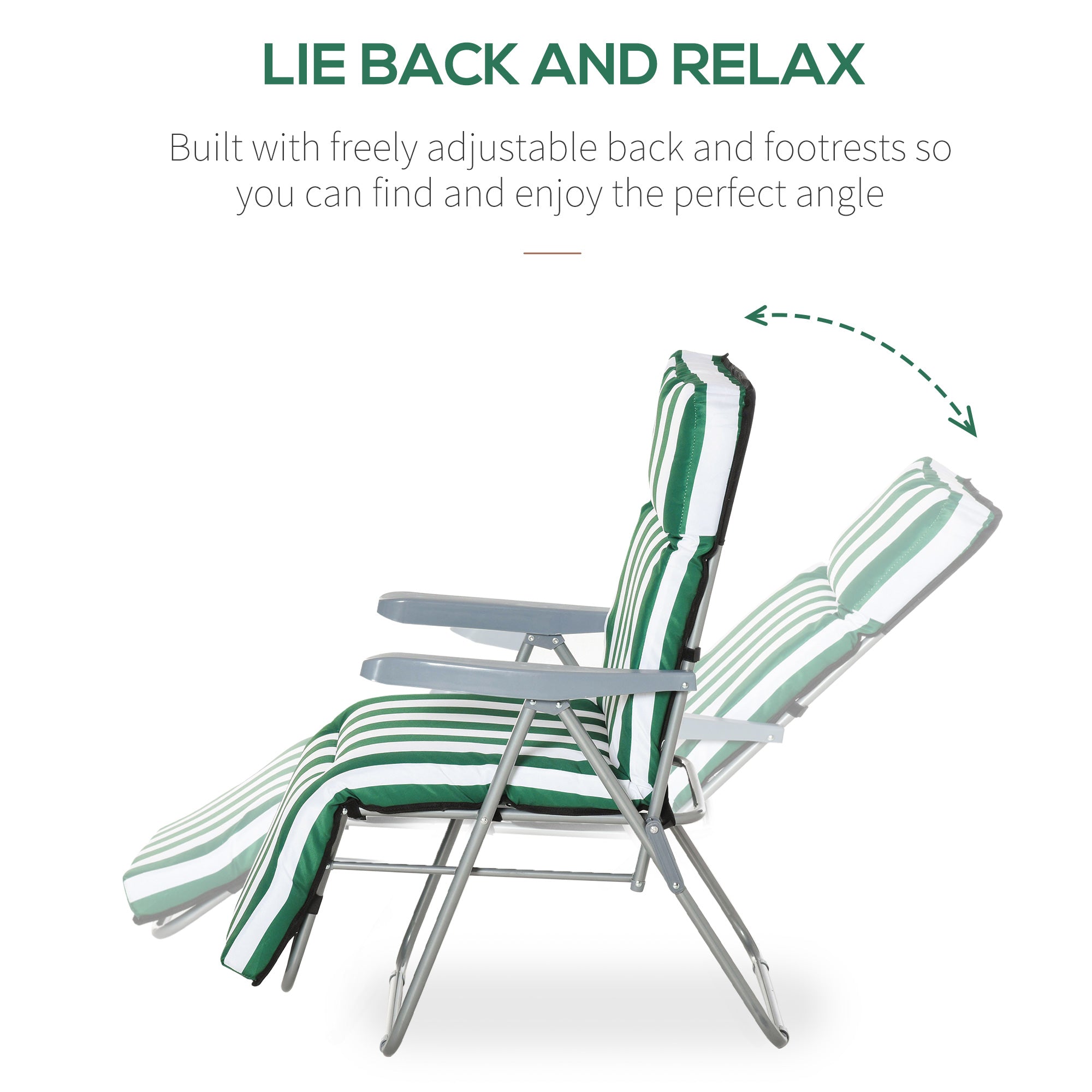 Outsunny 2 Pieces Outdoor Sun Lounger Set with Cushions, Patio Folding 5-Level   Adjustable Backrest Recliner Chairs Set of 2 with High Backrest and Armrests, Green & White 