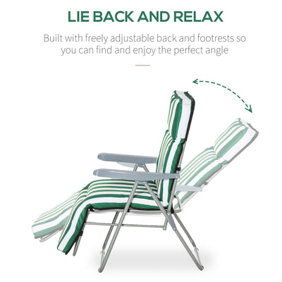 Outsunny 2 Pieces Outdoor Sun Lounger Set with Cushions, Patio Folding 5-Level   Adjustable Backrest Recliner Chairs Set of 2 with High Backrest and Armrests, Green & White 
