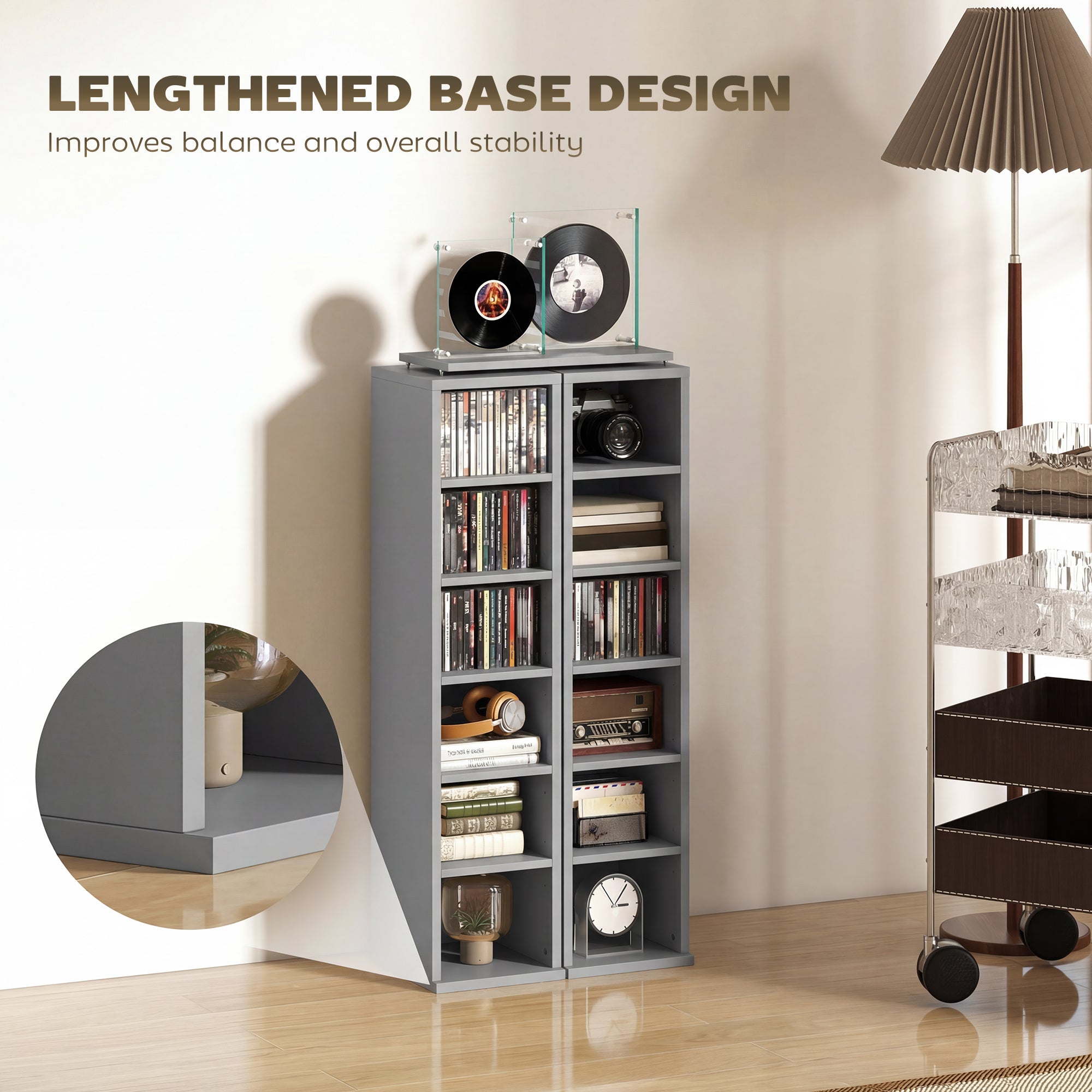 HOMCOM Set of 2 CD Media Display Shelf Unit Tower Rack with Adjustable Shelves, Light Grey 