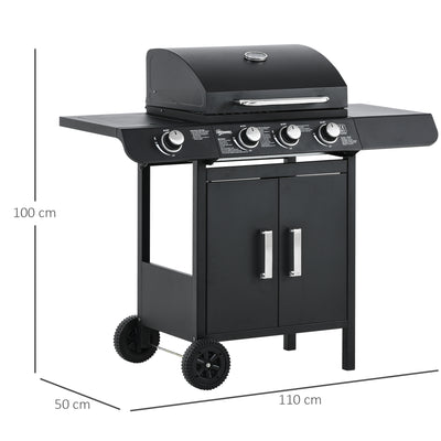 Outsunny 3+1 Burner Gas BBQ Grill, Outdoor Barbecue Trolley with Wheels, Warming Rack, Side Shelves, Cabinet, Thermometer for Garden, Party, Camping, 110L x 50W x 100Hcm, Black 