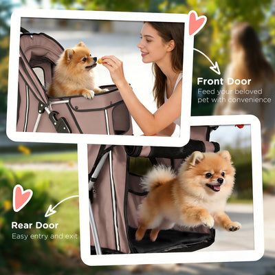 PawHut Dog Pram, Pet Stroller with Reflective Strips, Foldable Cat Stroller with 360° Swivel Wheels, Brown 