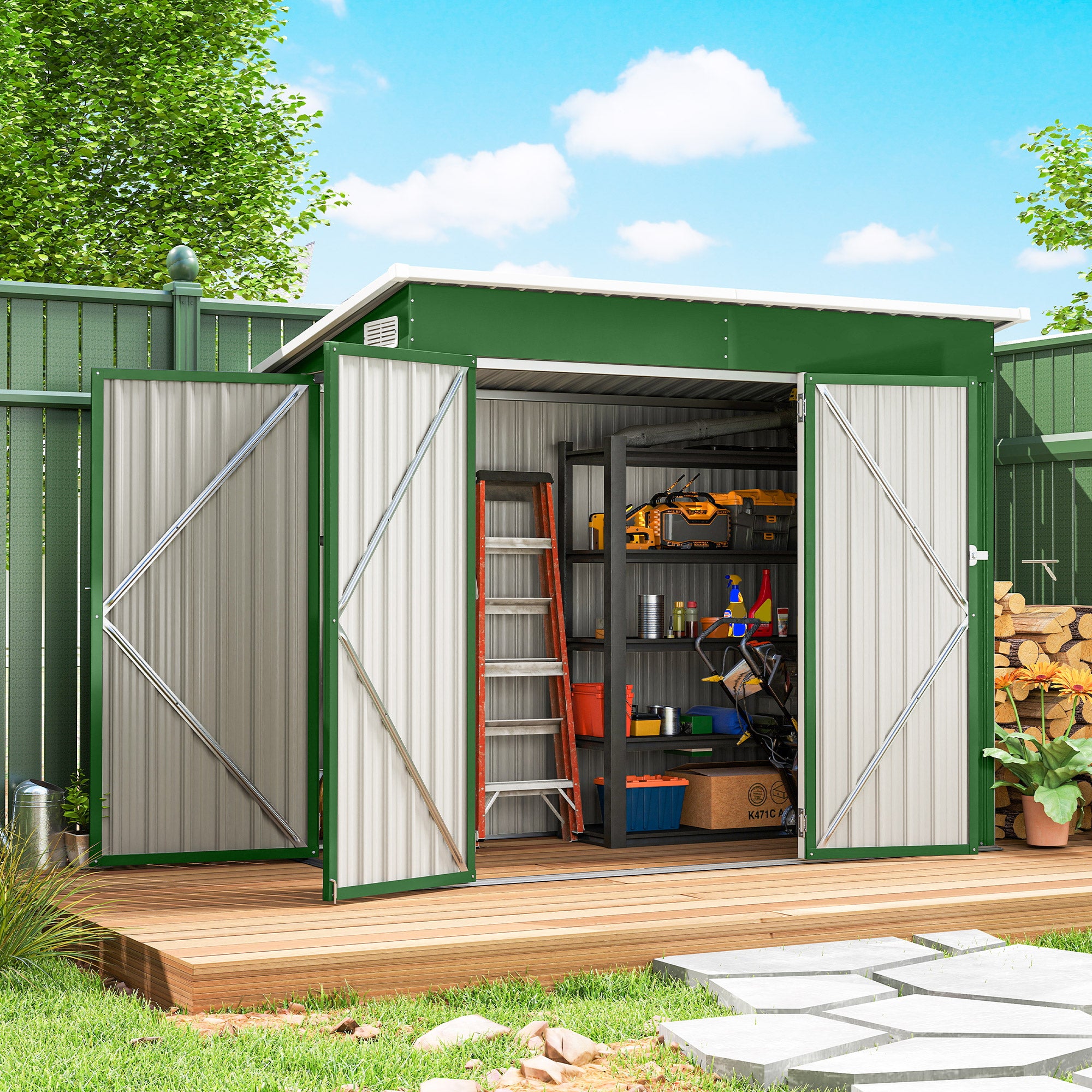 Outsunny 7.5 x 4.3ft Metal Garden Storage Shed, Waterproof Outdoor Shed with Triple Lockable Door, Gloves, Vents, Green 