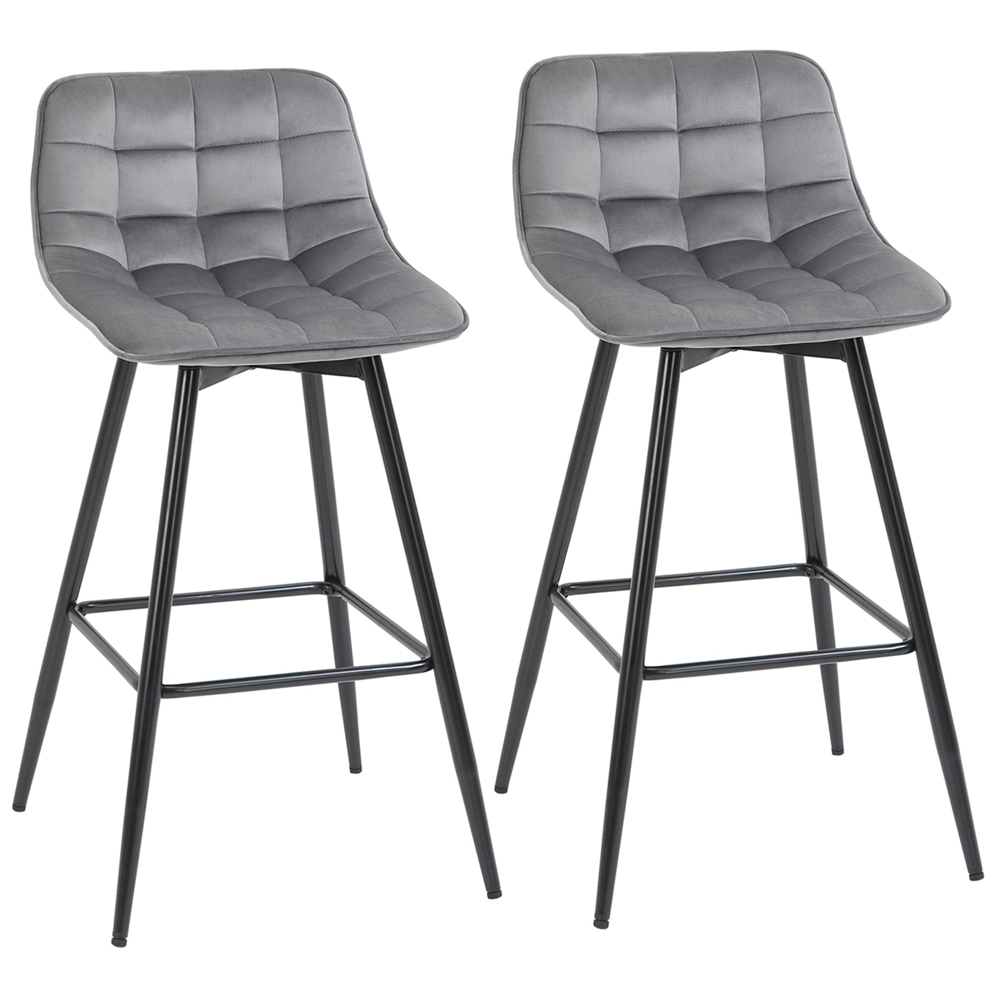 HOMCOM Set of 2 Bar Stools Velvet-Touch Dining Chairs Kitchen Counter Chairs    Fabric Upholstered seat with Metal Legs, Backrest, Grey 
