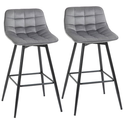 HOMCOM Set of 2 Bar Stools Velvet-Touch Dining Chairs Kitchen Counter Chairs    Fabric Upholstered seat with Metal Legs, Backrest, Grey 