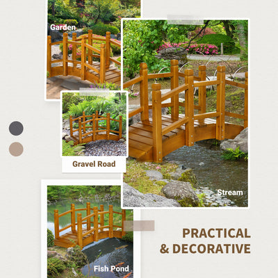 Outsunny Wooden Garden Bridge with Safety Railings, Arc Footbridge for Pond Backyard Stream, Brown 