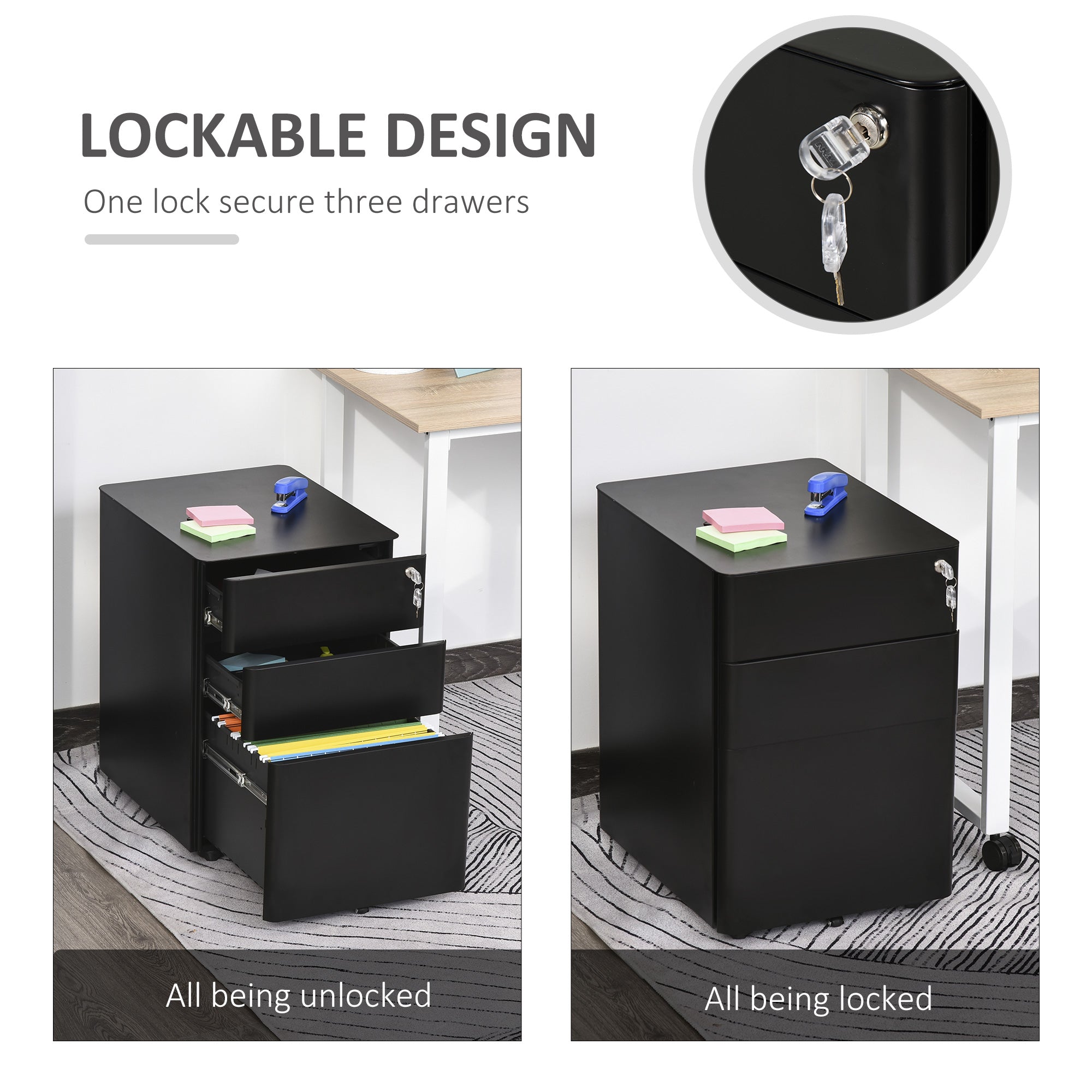 Vinsetto Lockable Cabinet, Rolling Filing Cabinet with 3 Drawers, Steel Office Drawer Unit for A4, Letter, Legal Sized Files 