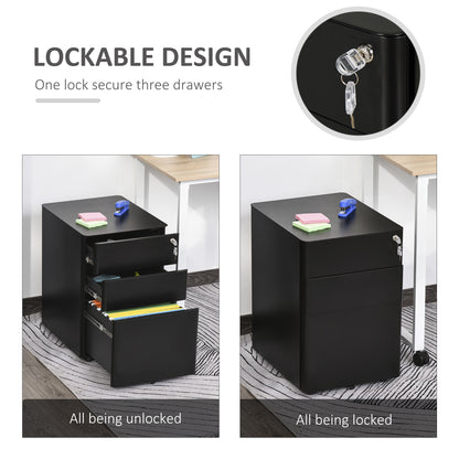 Vinsetto Lockable Cabinet, Rolling Filing Cabinet with 3 Drawers, Steel Office Drawer Unit for A4, Letter, Legal Sized Files 