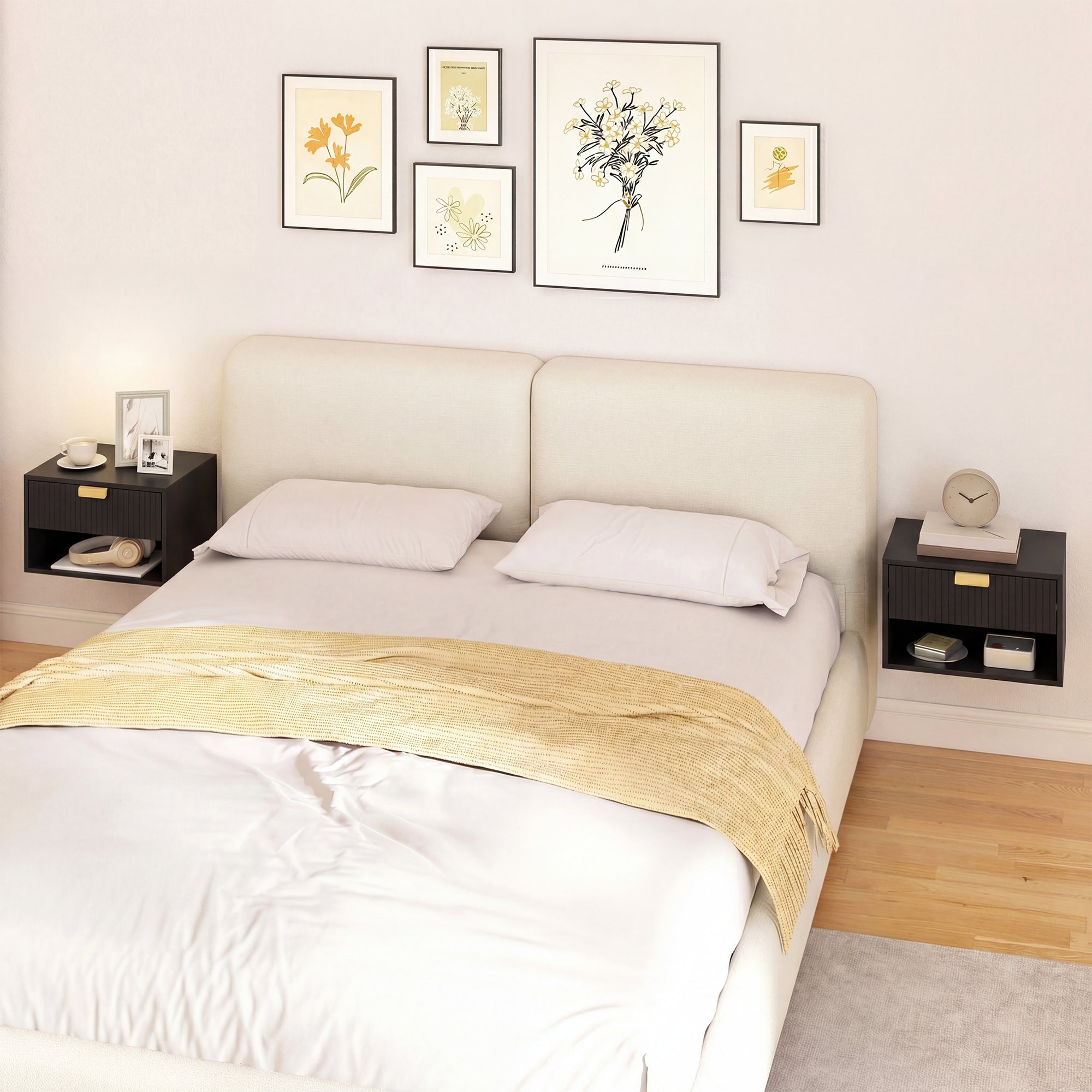 HOMCOM Set of 2 Wall Mounted Nightstands, Floating Bedside Tables with Fluted Drawer and Open Shelf for Small Bedroom, Black 