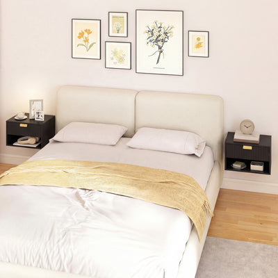 HOMCOM Set of 2 Wall Mounted Nightstands, Floating Bedside Tables with Fluted Drawer and Open Shelf for Small Bedroom, Black 