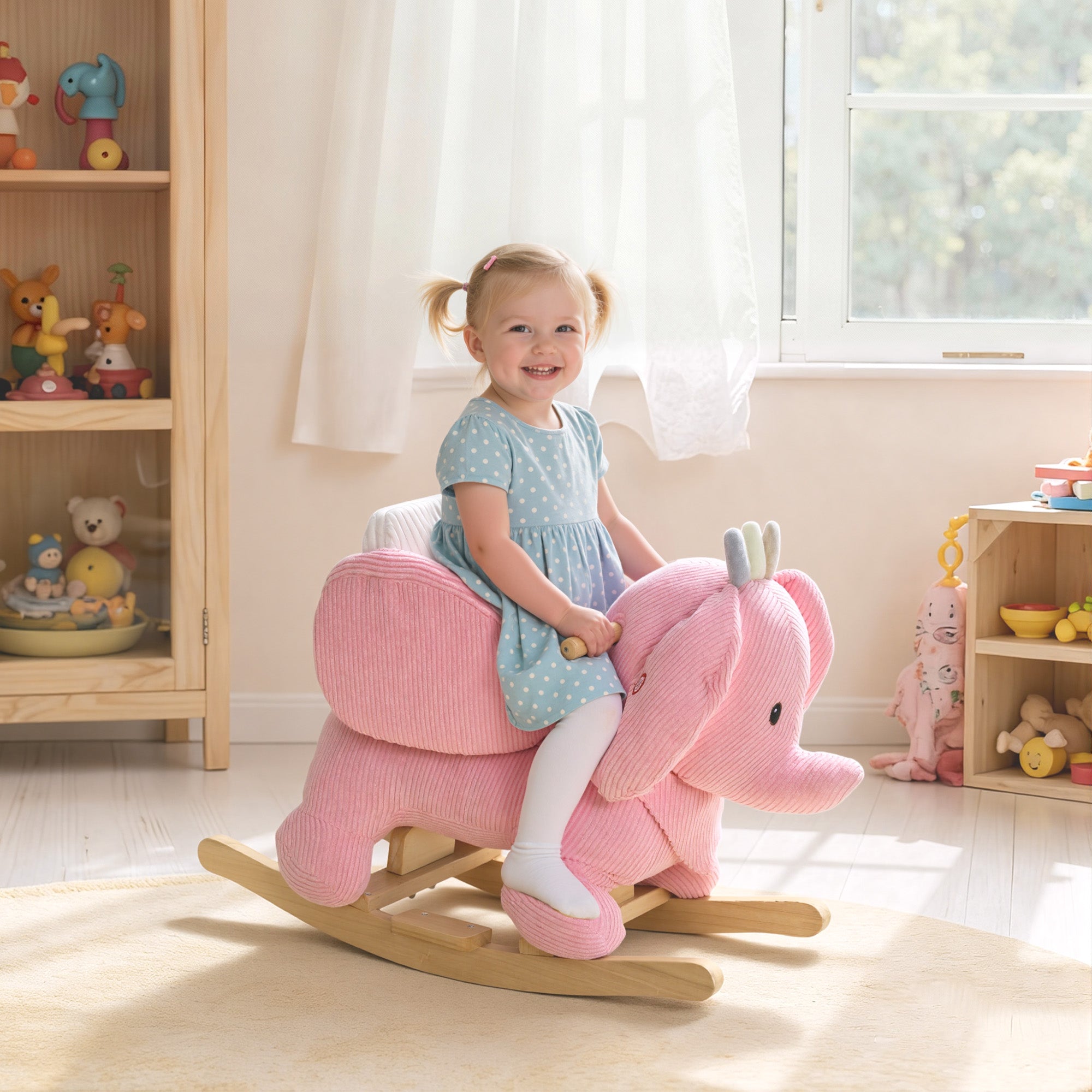 AIYAPLAY Kids Rocking Horse, Baby Ride on Elephant Rocker with Safety Belt and Sound for Toddlers 18 to 36 Months, Pink 