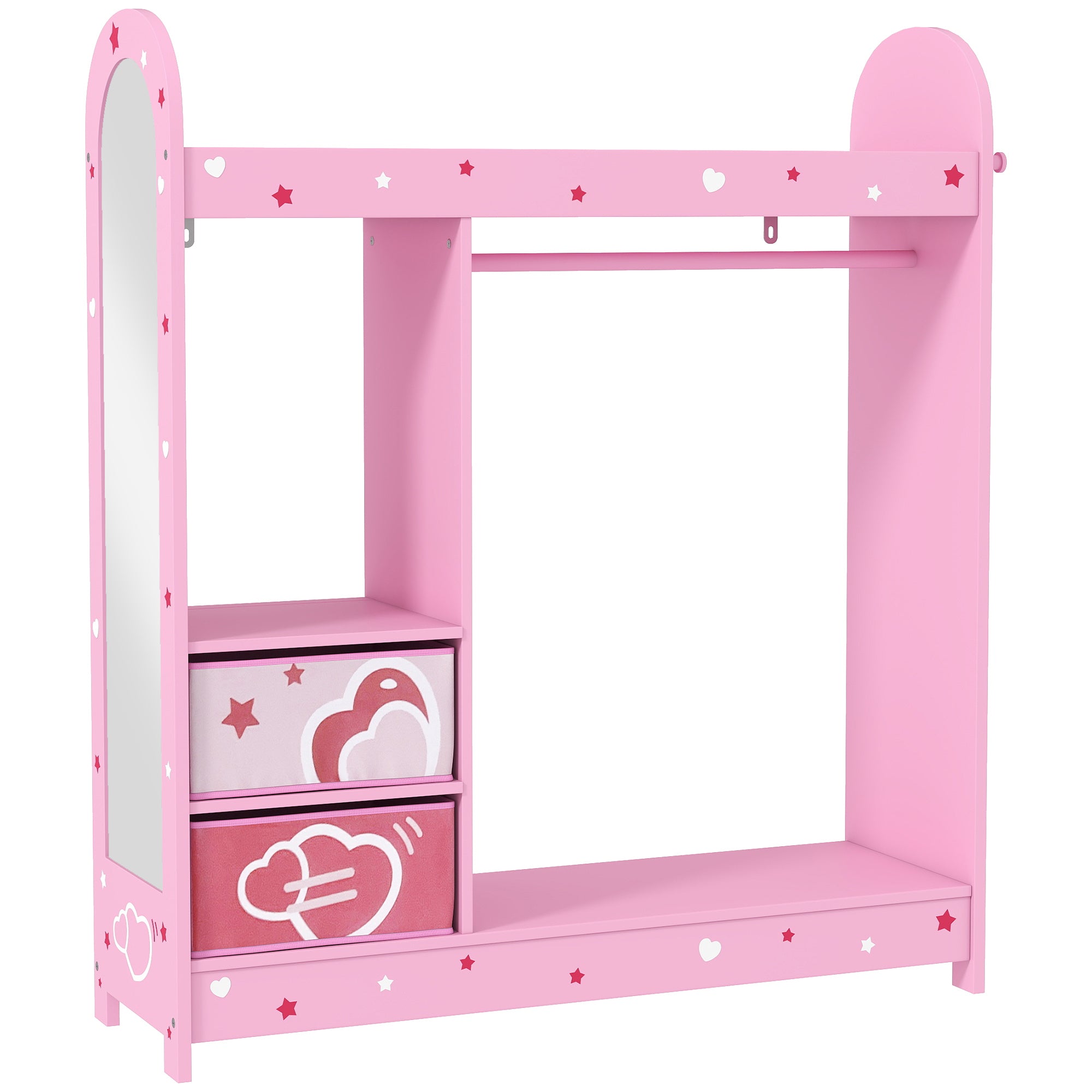 AIYAPLAY Kids Clothes Rail, Kids Wardrobe with Mirror, Shelves, Fabric Storage and Hooks for Bedroom, Nursery, Pink 