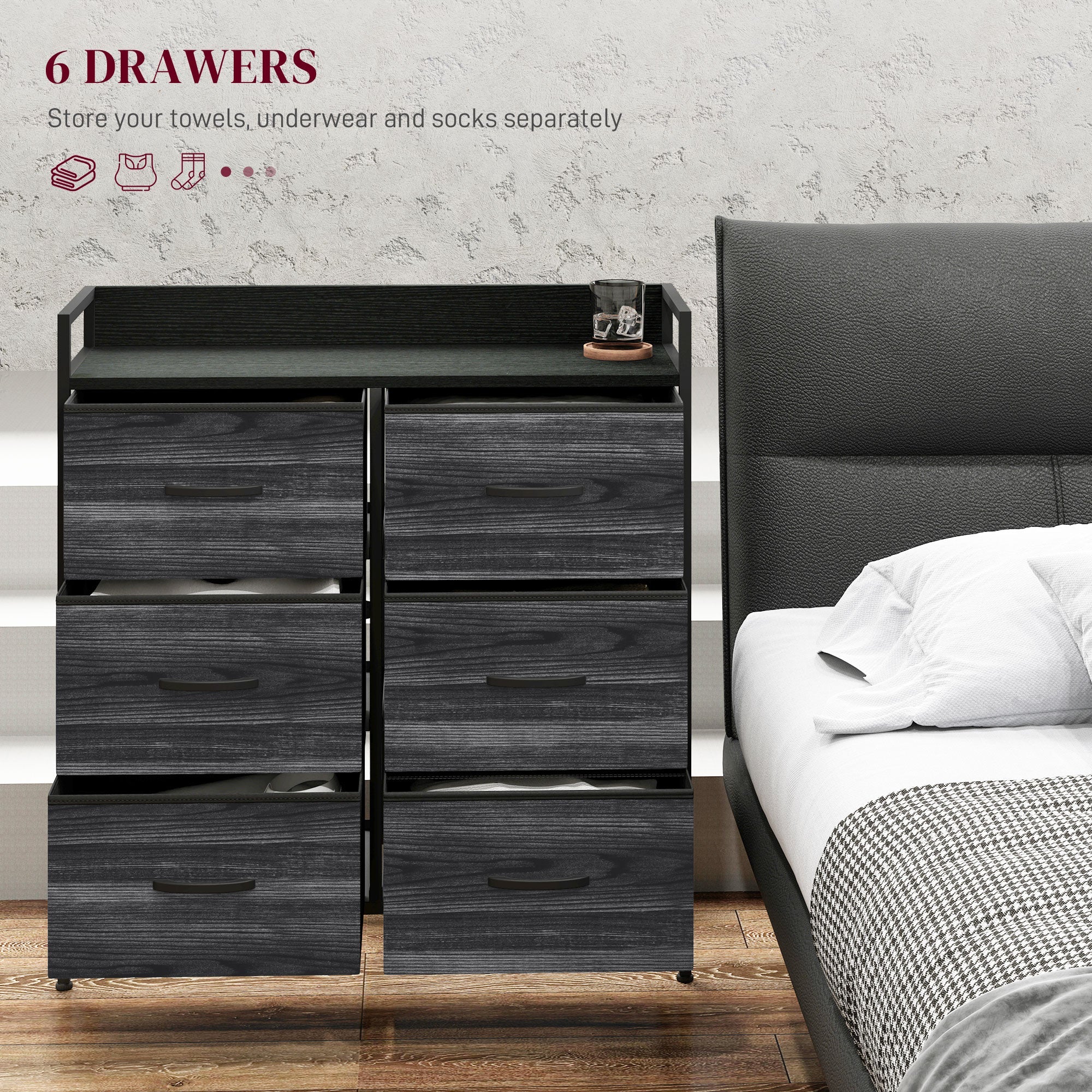 HOMCOM Rustic Chest of Six Fabric Drawers - Black 