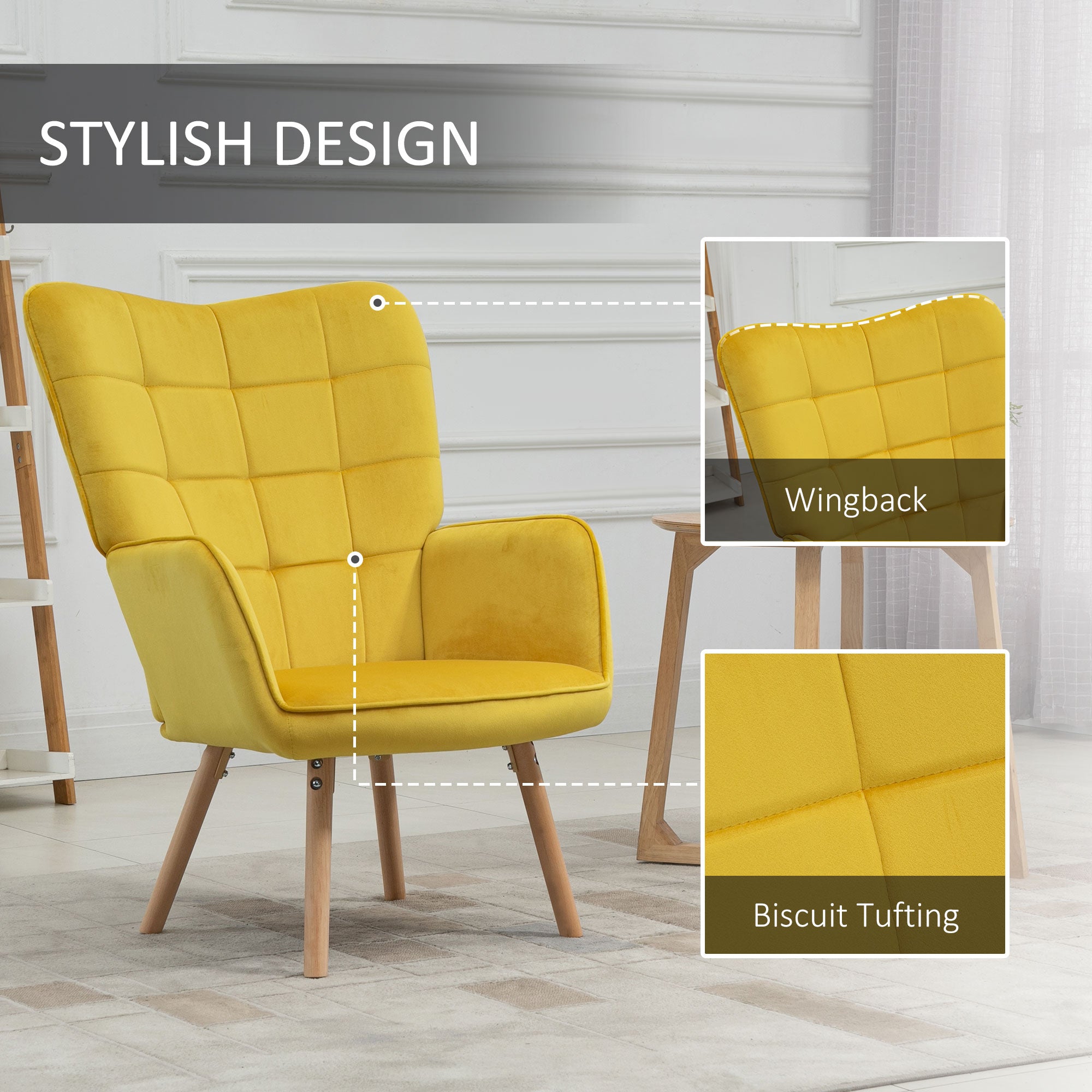 HOMCOM Modern Accent Chair, Upholstered Tufted Wingback Armchair with Seat Padding, Leisure Lounge Bedroom Chair with Wood Legs, Yellow 