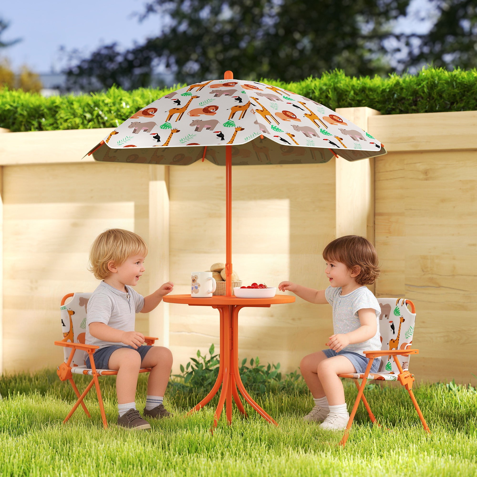 AIYAPLAY Kids Patio Set, Children Table and Chair Set, Outdoor Picnic Table with 2 Folding Chairs and Umbrella, Orange 