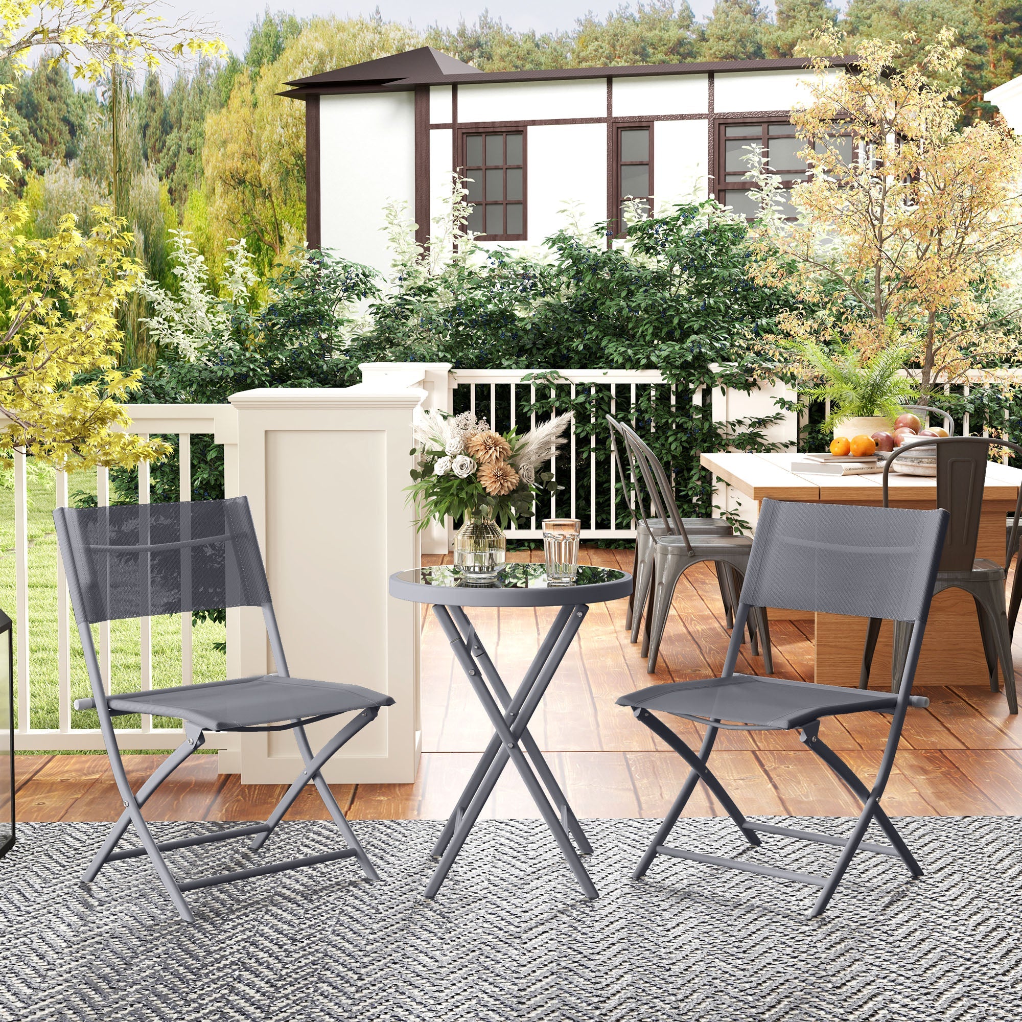 Outsunny 3 Pieces Outdoor Bistro Set, Glass Top Outdoor Table and 2 Folding Chairs with Protecting Feet, Grey 