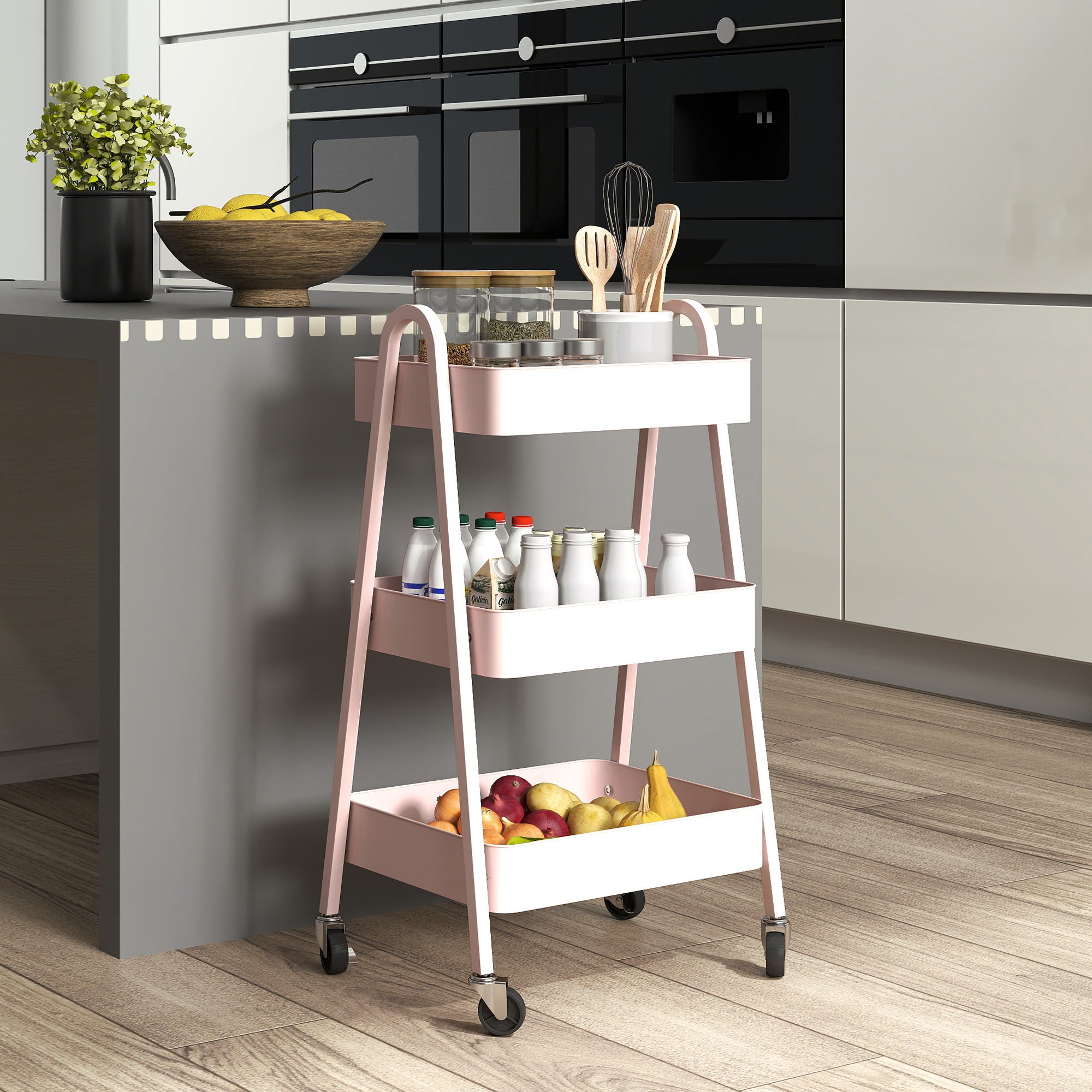 HOMCOM Three-Tier Storage Trolley - Pink