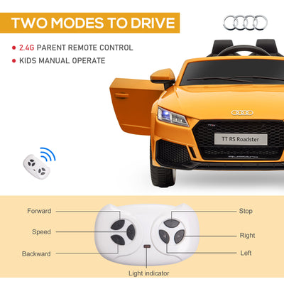HOMCOM Kids Licensed Audi TT RS Ride-On Car 12V Battery w/ Remote Suspension Headlights and MP3 Player 3km/h Yellow 