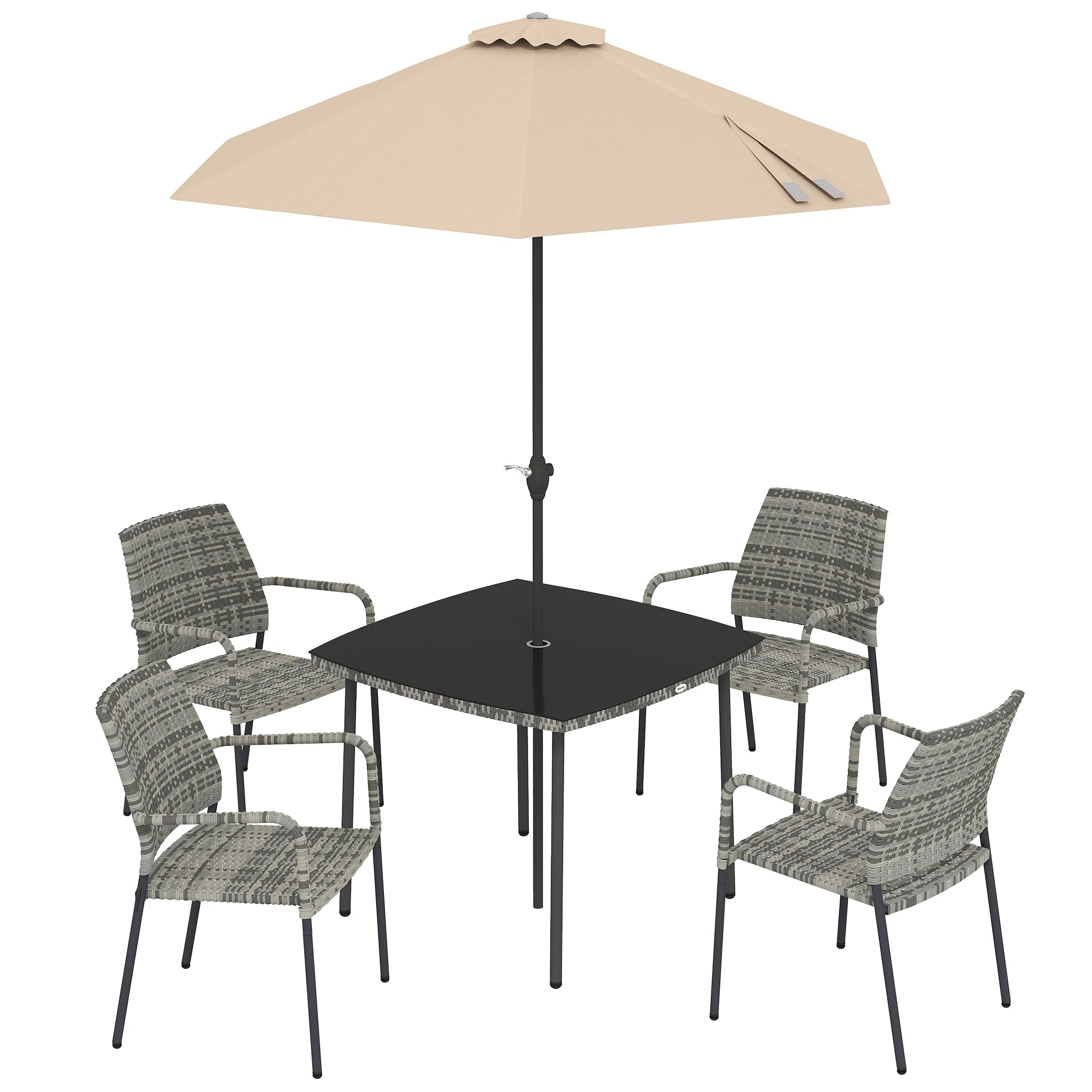 Outsunny 4 Seater Rattan Dining Set with Parasol, 6 Piece Garden Table and Stackable Chairs with Tempered Glass Tabletop 